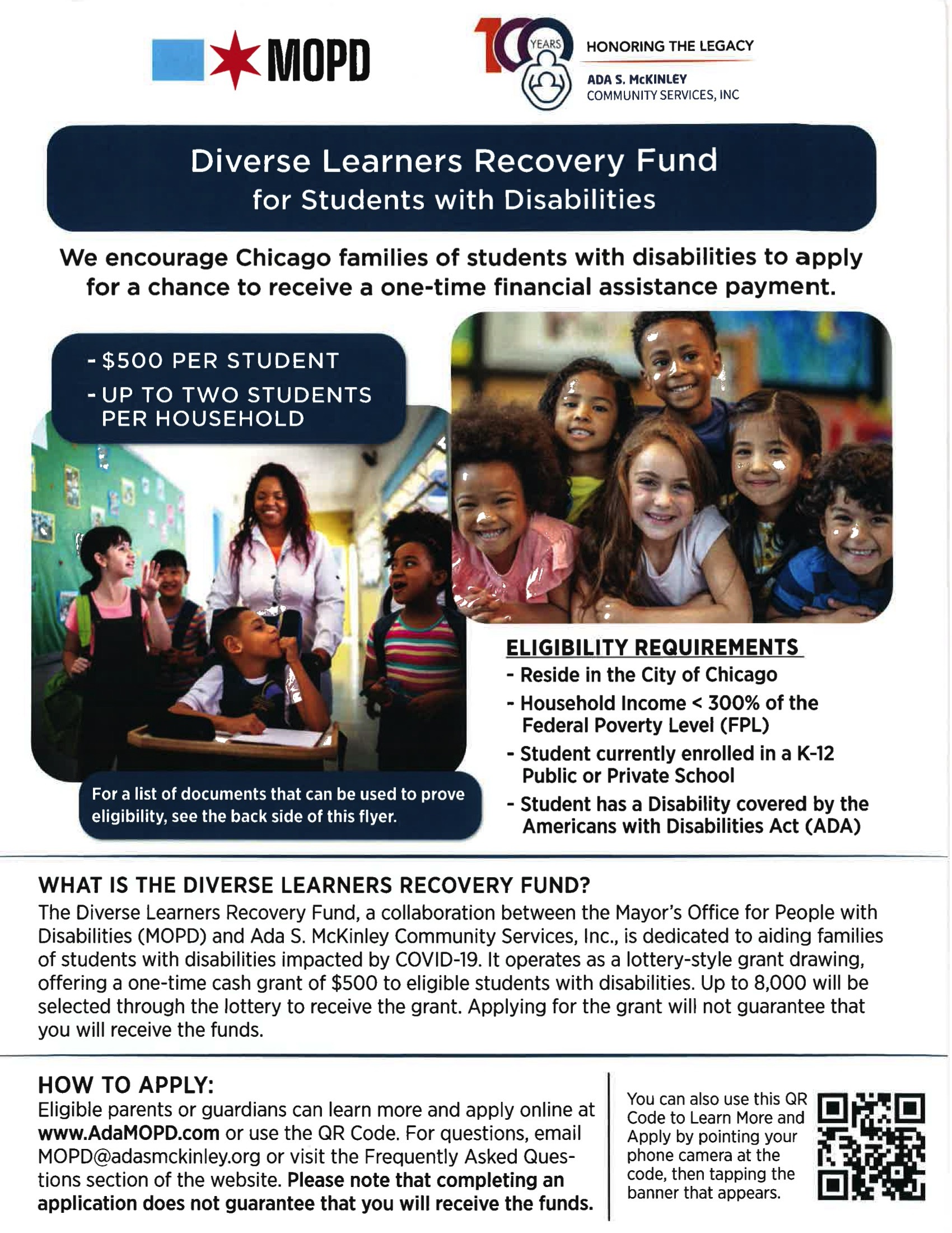 Flyer for the Diverse Learners Recovery Fund details eligibility and application process for a $500 per student relief fund. Shows diverse children and notes the fund is for Chicago families impacted by COVID-19. Flyer for the Diverse Learners Recovery Fund details eligibility and application process for a $500 per student relief fund. Shows diverse children and notes the fund is for Chicago families impacted by COVID-19.
