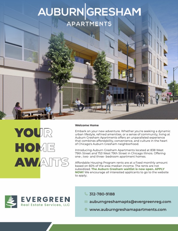 Promotional flyer for Auburn Gresham Apartments, highlighting affordable housing options in Chicago. Contact details and website information are provided, urging potential applicants to apply online.