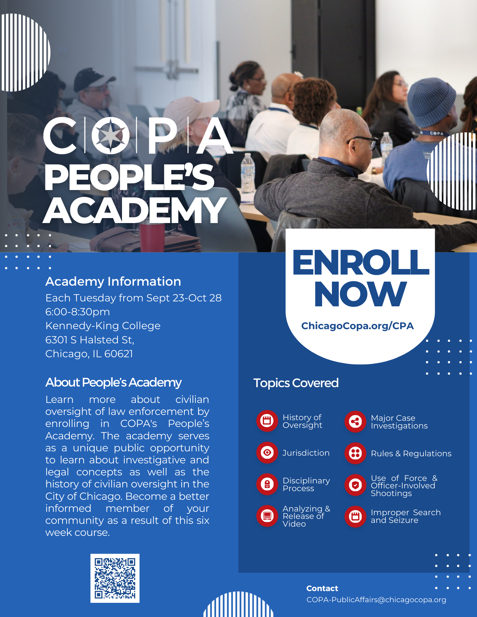 Flyer for COPA People’s Academy, a free 6-week course on civilian oversight of law enforcement in Chicago.