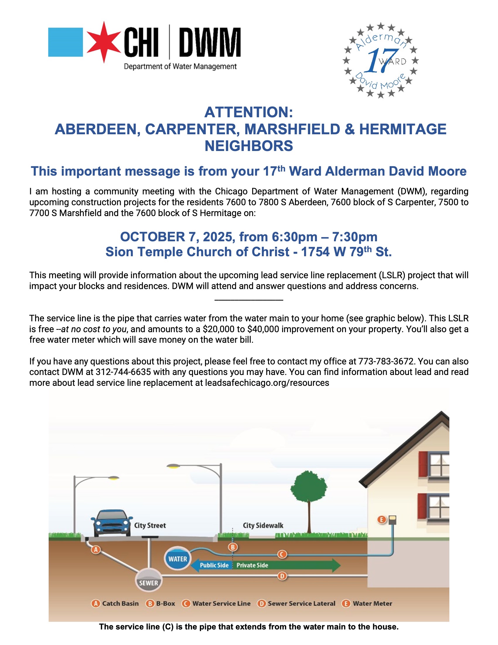 Flyer from Alderman David Moore and the Chicago Department of Water Management announcing a community meeting on October 7, 2025, about free lead service line replacements for Aberdeen, Carpenter, Marshfield, and Hermitage residents. Includes meeting time, location, contact info, and a diagram showing how a water service line connects from the main to a home.