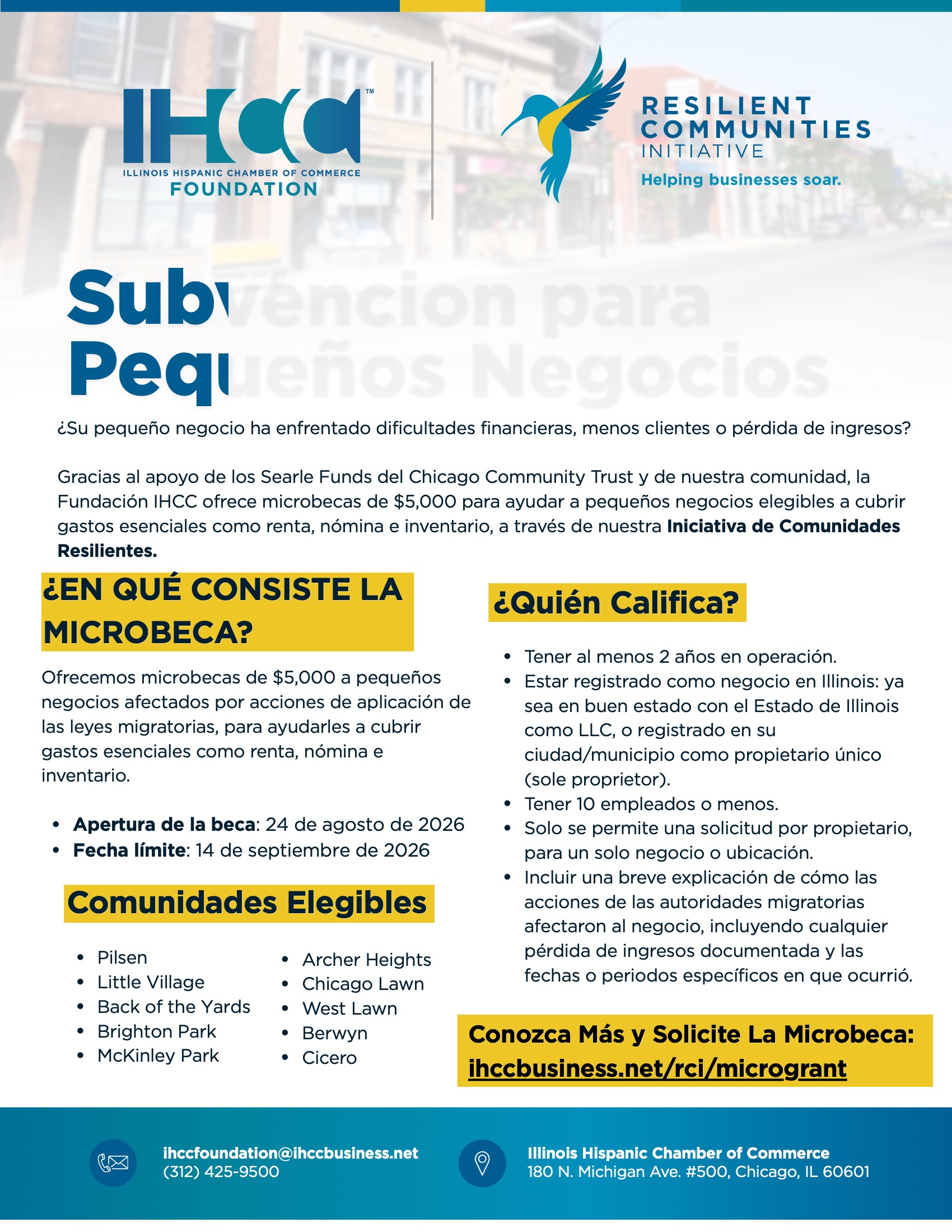 Folleto de la Iniciativa de Comunidades Resilientes de la Fundación IHCC que ofrece microbecas de $5,000 a pequeñas empresas elegibles de Illinois afectadas por actividades de control. Las solicitudes abren el 24 de agosto de 2026 y cierran el 14 de septiembre de 2026.