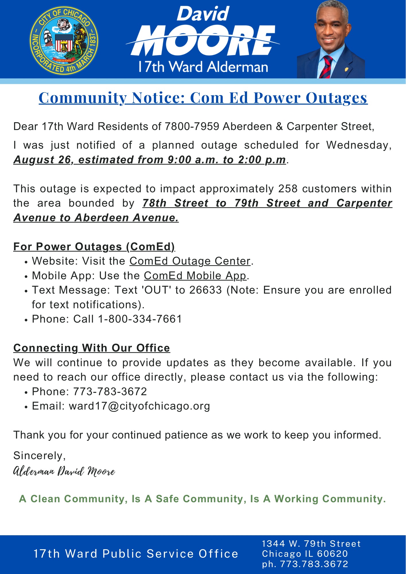 Community notice from 17th Ward Alderman David Moore announcing a planned ComEd power outage on Wednesday, August 26, from 9 a.m. to 2 p.m., affecting residents of 7800-7959 Aberdeen and Carpenter Streets and approximately 258 customers between 78th and 79th Streets, from Carpenter to Aberdeen Avenues. Includes ComEd outage contact options and the 17th Ward office phone number and email.
