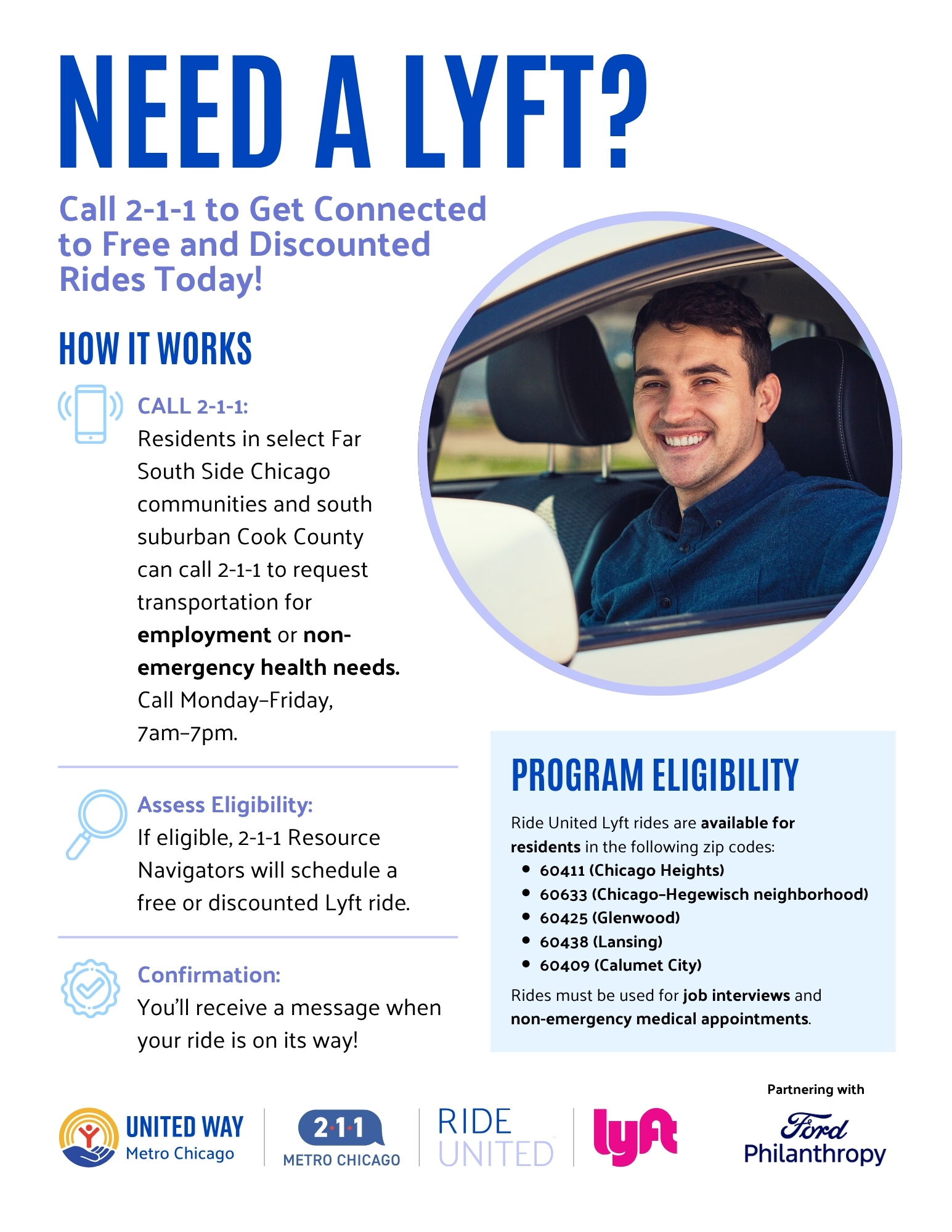 White flyer with a photo of a smiling Lyft driver and the headline “Need a Lyft?” It says residents in select Far South Side Chicago communities and south suburban Cook County can call 2-1-1 Monday–Friday, 7 a.m.–7 p.m. to request a free or discounted ride for employment or non-emergency health needs. 2-1-1 Resource Navigators assess eligibility and schedule rides; riders receive a message when the ride is on its way. The listed ZIP codes are 60411, 60633, 60425, 60438, and 60409. Rides must be used for job interviews or non-emergency medical appointments. United Way Metro Chicago, 2-1-1 Metro Chicago, Ride United, Lyft, and Ford Philanthropy logos appear at the bottom.
