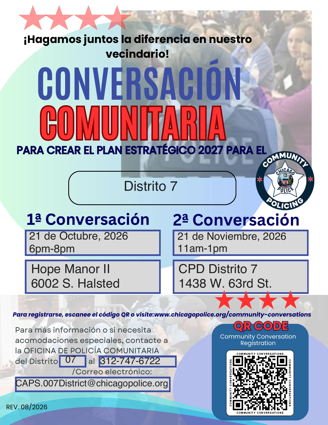 Afiche en español que invita a la comunidad a dos conversaciones del Distrito 7 para crear el Plan Estratégico 2027: 21 de octubre de 2026, de 6 a 8 p. m., en Hope Manor II, 6002 S. Halsted; y 21 de noviembre de 2026, de 11 a. m. a 1 p. m., en la estación del Distrito 7, 1438 W. 63rd St. Incluye el sitio web de inscripción, teléfono y correo electrónico.