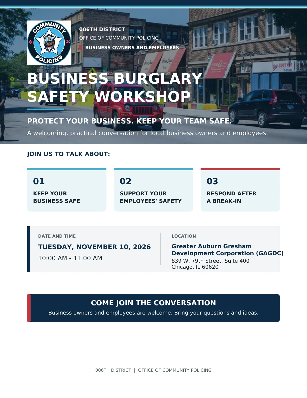 Afiche en español que invita a la comunidad a dos conversaciones del Distrito 7 para crear el Plan Estratégico 2027: 21 de octubre de 2026, de 6 a 8 p. m., en Hope Manor II, 6002 S. Halsted; y 21 de noviembre de 2026, de 11 a. m. a 1 p. m., en la estación del Distrito 7, 1438 W. 63rd St. Incluye el sitio web de inscripción, teléfono y correo electrónico.